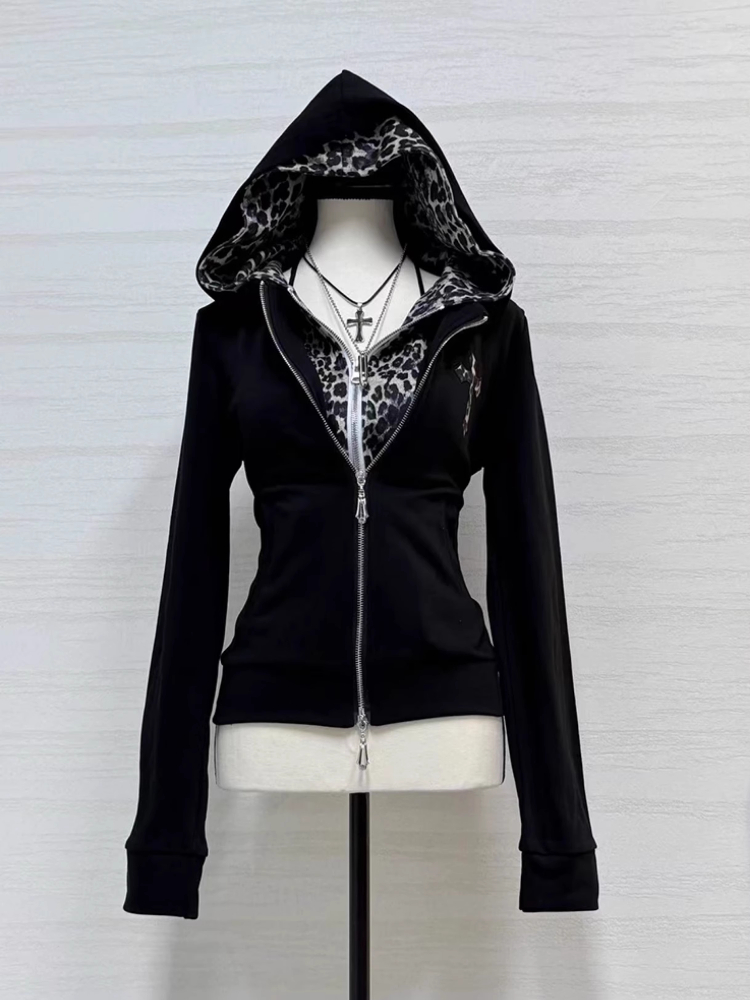 Vintage Fashion Subculture - Y2K Subculture Leopard Print Hooded Hoodie