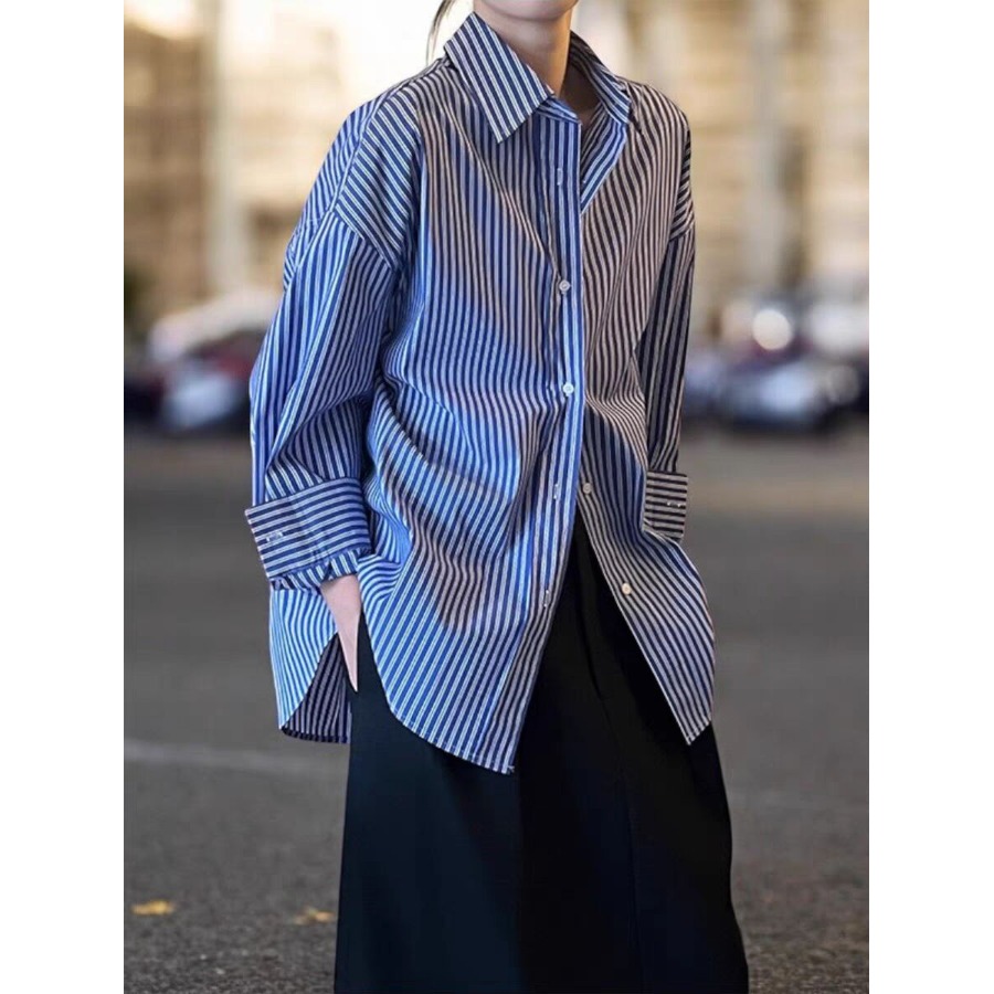 Blue Striped Loose Long Sleeve - Vintage Fashion Hong Kong 评论和价格